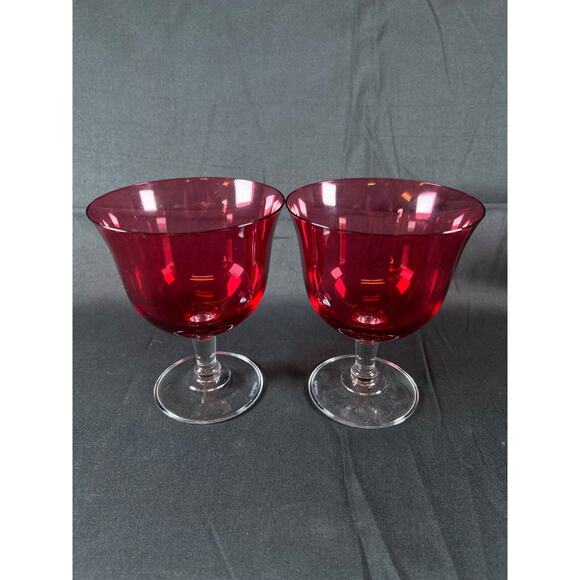 Marc Aurel Cranberry Crystal Wine Goblet Glass Column Stems Set of 2 Champagne - Picture 5 of 8
